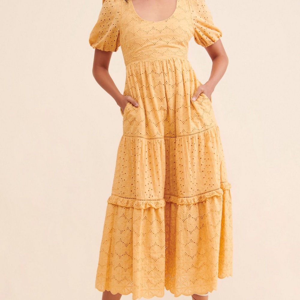 Free People Harni Mustard Eyelet Midi Dress